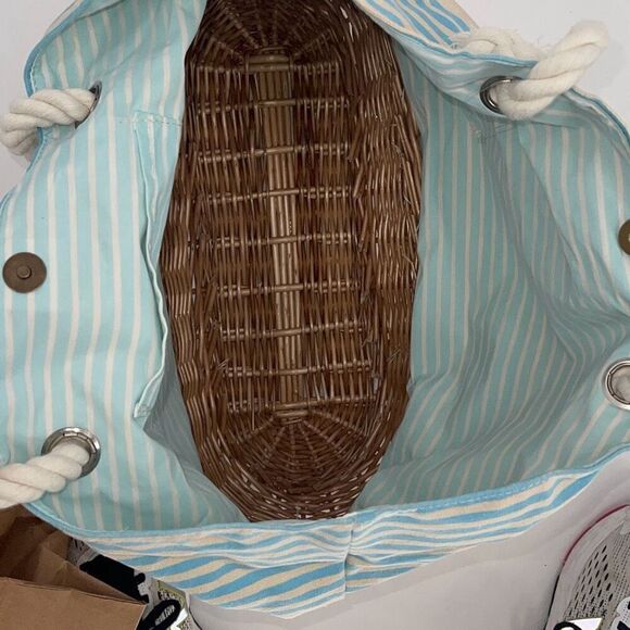 Striped Canvas Womens Wicker Tote Shoulder Beach Bag Blue & White Large NWOT - Picture 5 of 6